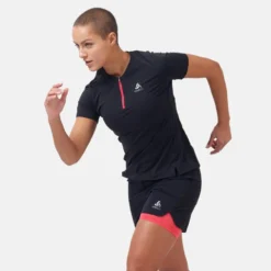 Sportshirt Odlo Women Crew Neck S/S 1/2 Zip Axalp Training Black Paradise Pink -Odli Kleding Winkel 313901 60270